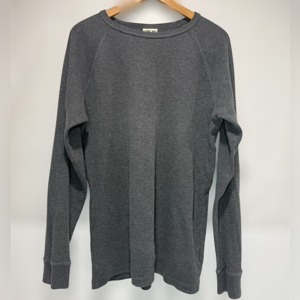 Vintage Cherokee Men's Gray Waffle Knit Long Sleeve Crewneck T Shirt 100% Cotton